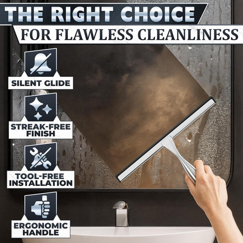 12" Shower Door Squeegee with Adhesive & Hanging Hooks, Silicone Blade - Stainless Steel All-Purpose Squeegee