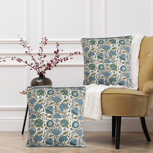 Ridhi Asparagus Green Print Cotton Throw Pillow Covers for Decorative Couch - 18x18 Inches
