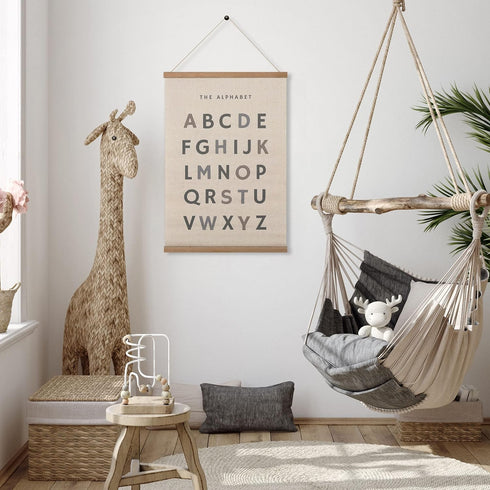 16 24 Inch Bon et Beau x Embroidered Alphabet Poster Framed with Wood Hanger - Neutral Gray Wall Decor for Boys