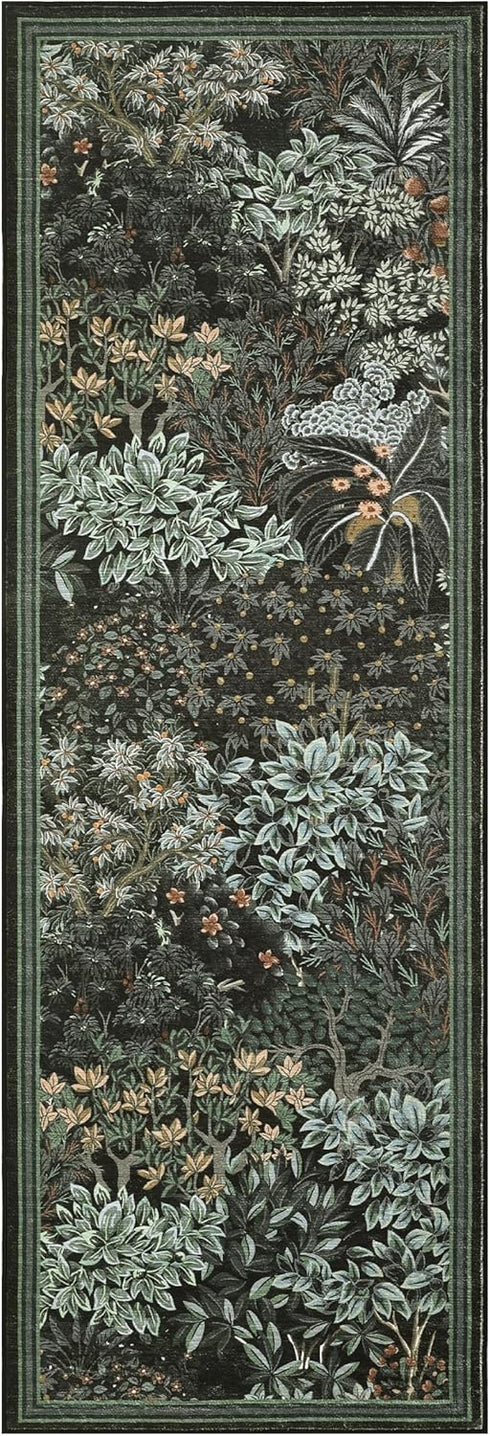 2x6 GarveeHome Forest Runner Rug, Black Green Washable Runner Rug for Kitchen, Botanical Low Pile Non Slip Stain