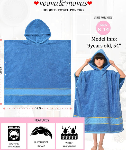 8-14,Thick 600GSM 100% VOOVA & MOVAS Hooded Towels for Boys Age | Large | Cotton Poncho Towel, Ultra-Soft | Absorbent