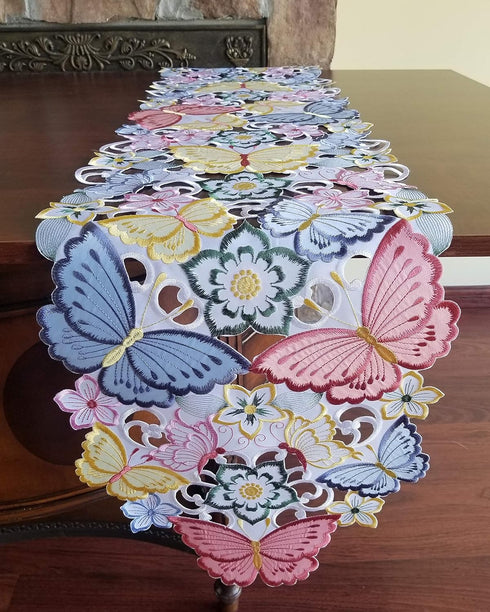 Easter Table Runner, Spring Embroidered Butterfly Applique Floral Cutwork, 13"×68"
