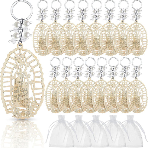 Hicarer Baptism Our Lady of Guadalupe Wood Design Keychain with Organza Gift Bags for Baptism