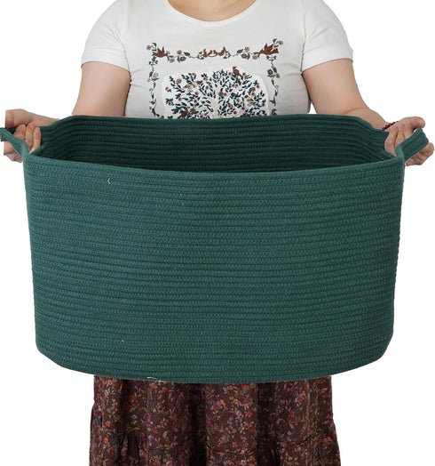 Large Rectangle Blankets Basket, 22"x17"x12" Woven Cotton Rope Storage Basket for Nursery Toy Basket, Dark Green