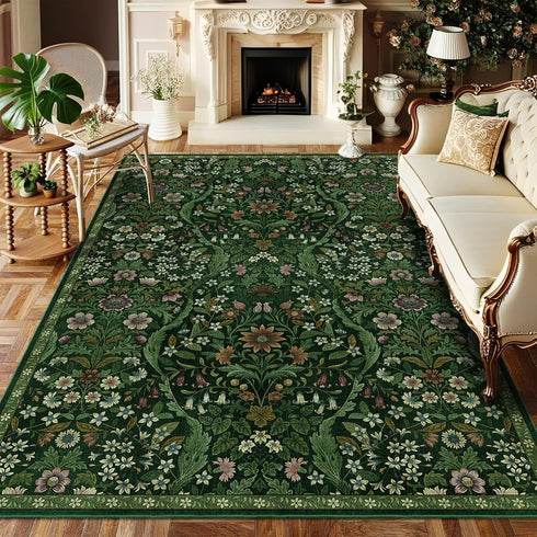 57 Dark Green Washable Floral Area Rug,Vintage Boho Soft Low-Pile Living Room