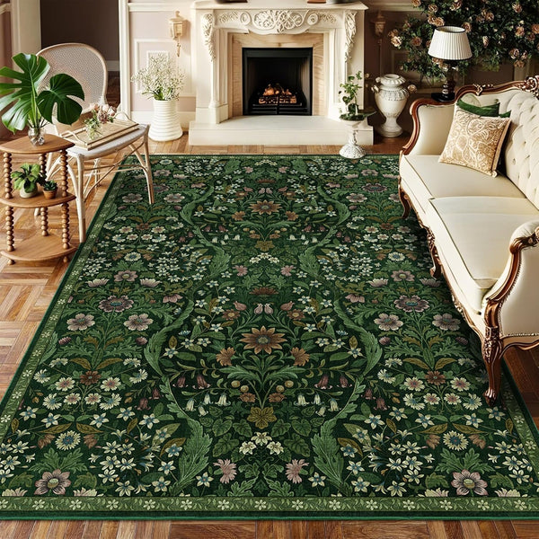 57 Dark Green Washable Floral Area Rug,Vintage Boho Soft Low-Pile Living Room