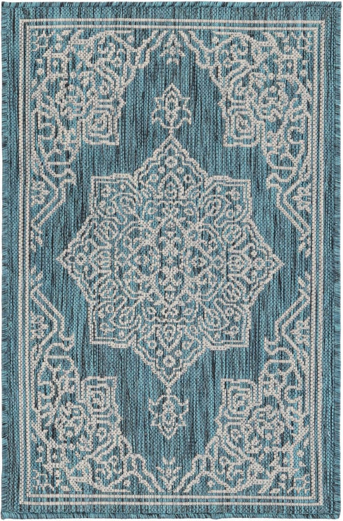 Unique Loom Outdoor Traditional Collection Area Rug - Antique (2' x 3' 1" Rectangle Teal/Ivory) by Unique Loom