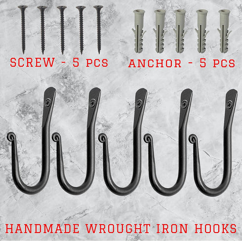 HB Decorative Hook Wrought Iron Wall Mount Coat Hooks - Set of 3 Handmade Classic Hooks for Hanging
