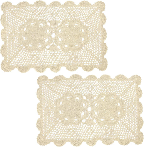 kilofly Crochet Cotton Lace Table Placemats Doilies Set, 2pc, Oblong, Beige, 15 x 23 inch
