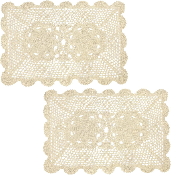 kilofly Crochet Cotton Lace Table Placemats Doilies Set, 2pc, Oblong, Beige, 15 x 23 inch