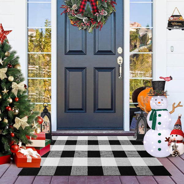 Buffalo Plaid Outdoor Rug 2x3, Black and White Checkered Cotton Woven Rug for Indoor Outdoor Entryway