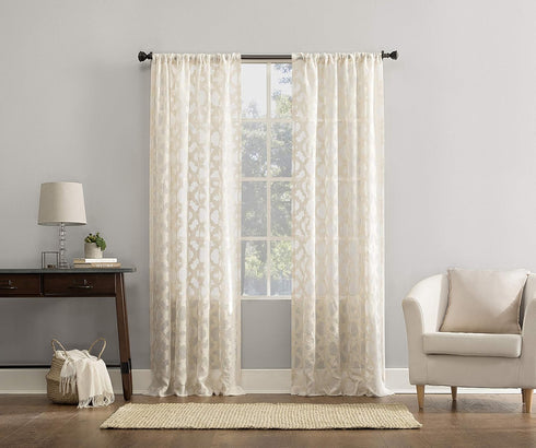 No. 918 Yvette Trellis Jacquard Sheer Curtain Panel, 52" x 84", Cream Off-White Rod Pocket