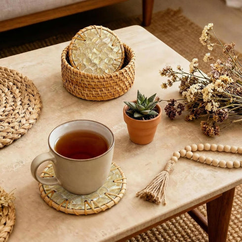 Set 6 JUNGLE CULTURE Mother of Pearl Rattan Coasters for Drinks with Holder Handmade Round Coaster of Wicker Homeware