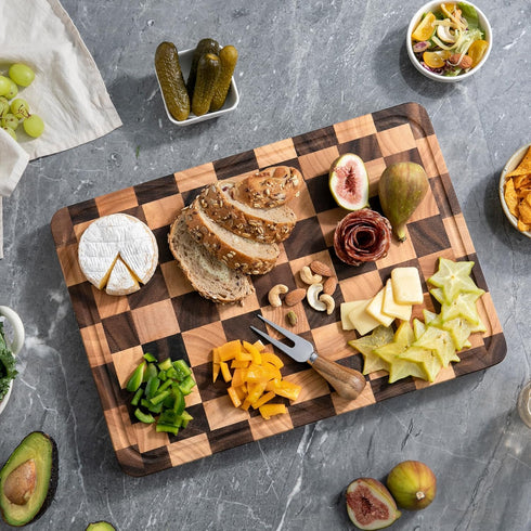 16" 11" 1.4" Checkered Cutting Boards for Kitchen, Acacia Wooden Chopping Board with Juice Grooves & Handles, Thickened