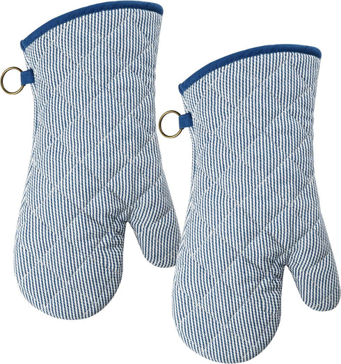 1 Pair Yarn Dyed Oven Mitts, 100% Cotton Heat Resistant 470 Degree Gloves for Cooking & Baking (Blue)