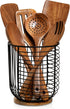 MosJos Extra Large Black Utensil Holder 7.2 x 6.2 with Wooden Base - Farmhouse Kitchen Countertop Organizer for Cooking