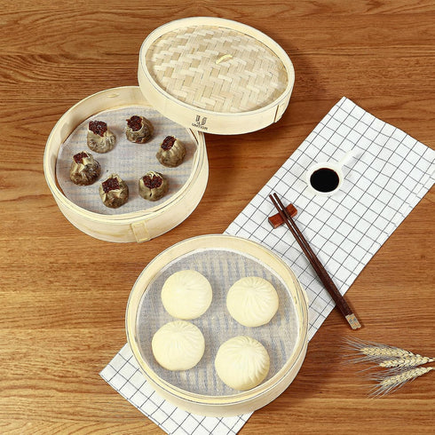 Handmade 8 Inch Bamboo Steamer Basket with Reusable Cotton Liners, 2 Tier Traditional Dumpling Food Steamer
