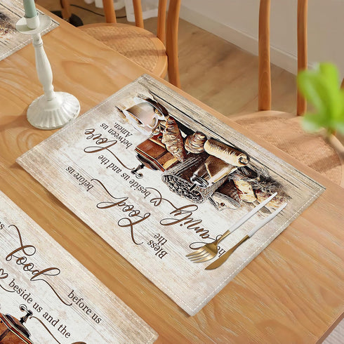 Set 4, 12x18 Inch Christian Coffee Placemats of Bless The Food Before Us Place Mats, Religious Table Mats for Kitchen