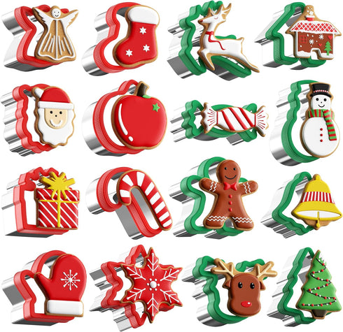 Christmas Cookie Cutters Set - 16 Pieces Stainless Steel Baking Cutters with Comfort Grip for Holiday Shapes