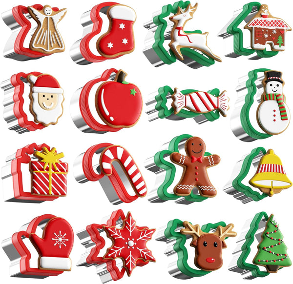 Christmas Cookie Cutters Set - 16 Pieces Stainless Steel Baking Cutters with Comfort Grip for Holiday Shapes