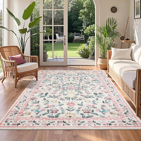 GarveeHome Floral Washable Rug 4x6, Non-Slip Low Pile Botanical Carpet, Vintage Farmhouse