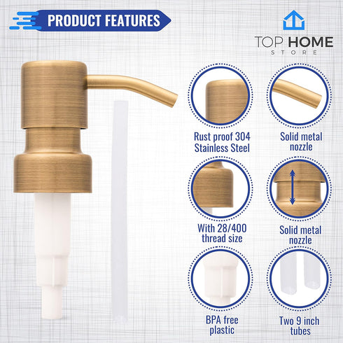 Stainless Steel Soap and Lotion Dispenser Pumps, 2 Pack Replacement for Your Bottles (Bronze)