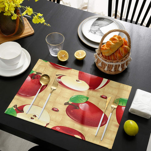 Greeeen Placemats Set of 6, Red Apples Place Mats for Dining Table, Washable Cotton Linen