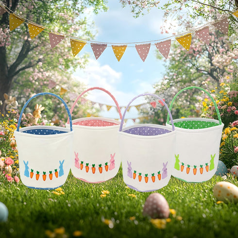 9 Inch Easter Basket, White Canvas with Bunny and Carrot Design, Diameter, Polka Dot Liner, Foldable Handle, for Egg