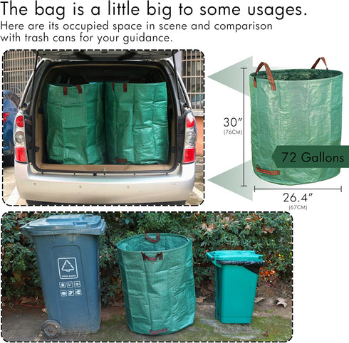 3-Pack 72 Gardzen Gallon Yard Waste Bags, Reusable Heavy Duty Collapsible Garden Leaf Bags with Plastic Ring, Stand-Up
