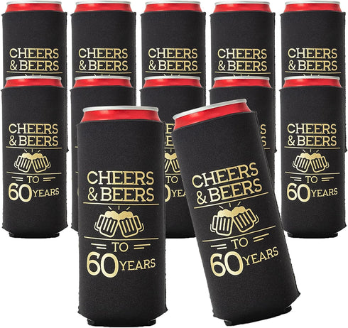 Cheers to 60 Years Can Coolers, Set of 12 - Black and Gold 60th Birthday Party Favors and Decorations for Men and Women