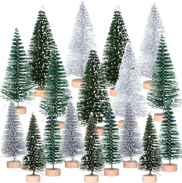 18Pcs Miniature Pine Trees Set, Sisal Trees with Wood Base for Christmas Crafting and Designing, Mixed Size