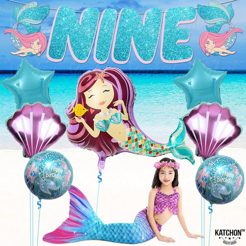 Giant Mermaid 9th Birthday Decorations for Girls, Pack of 8 Mermaid Party Decorations with Balloons & Favors