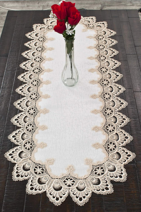 Gold European Lace, Antique Jacquard Fabric, Table Runner, Dresser Scarf (16Wx44L)