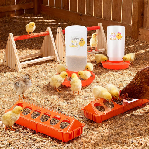 ATHCOHT Set,Automatic 1L 2 Chicken Feeder and Waterer Chick Feeder and Waterer with Wooden Perch,Baby Chicks Supplies