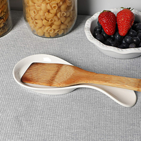 Large Porcelain Spoon Rest, Utensil Holder for Kitchen Counter, Dishwasher Safe (White)