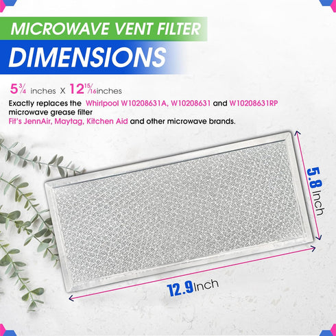 Microwave Filter Replacement, 5.78" x 12.91", Fits W10208631A Whirlpool, Aluminum Mesh Screen Grease Filter