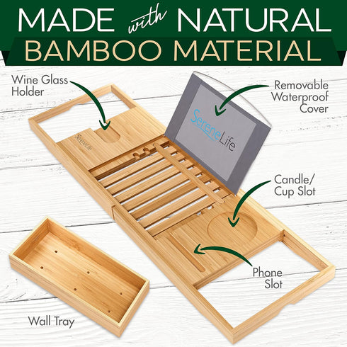 SereneLife Luxury Bamboo Bathtub Caddy Tray, Adjustable Wood Organizer with Wine Holder and Phone Slot
