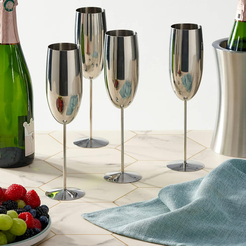 Oak & Steel 4 Silver Stainless Steel Champagne Flutes with Gift Box, 284 ml - Elegant & Unbreakable for Outdoor Parties