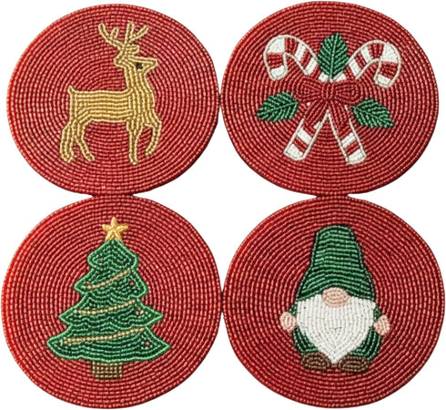 Folkulture Coasters Set of 4 (4") | Holiday Magic Beaded Handmade Round