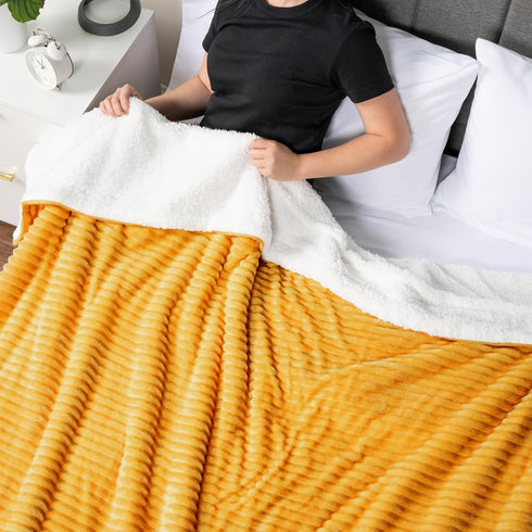 3D 50x60 inches PAVILIA Mustard Yellow Sherpa Fleece Throw Blanket for Couch, Soft Plush Fuzzy Blankets, Fluffy Flannel