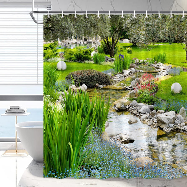 70x70 in Garden Landscape Shower Curtain, Spring Summer Nature Plants Multicolor Flower Rustic Bathroom Decor