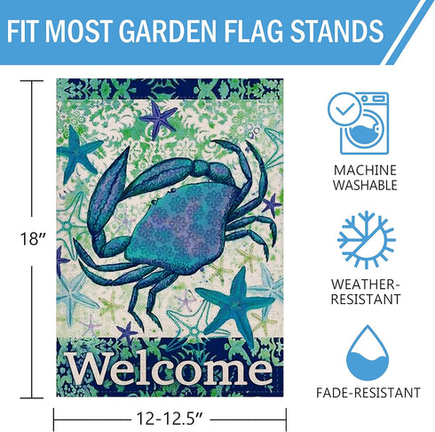 Welcome Summer Coastal Crab Small Decorative Garden Flag, Hawaiian Beach Starfish House Yard Ocean Nautical Outside Decoration, Tropical Sea Seasonal Outdoor Decor Double Sided 12x18