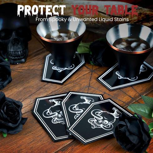 GOTHELIA 5 Set Set, Piece Cobra Skull Head Coffin Shaped Coasters by - Coffee Table Decor, Anti-Slip Drink Coaster Cork