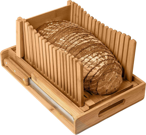 Kitchen Seven Bamboo Bread Slicer with Crumb Tray Bamboo Bread Cutter for Homemade Bread,