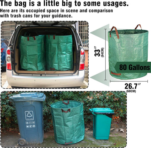 3-Pack 80 Gardzen Gallon Yard Waste Bags, Reusable Heavy Duty Collapsible Garden Leaf Bags with Plastic Ring, Stand-Up