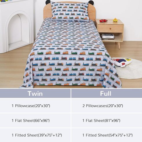 4 Set Sets- Viviland Pieces Boys Grey Full Sheet - Soft Microfiber Fitted Flat Sheets & Pillowcases - Retro Train Print