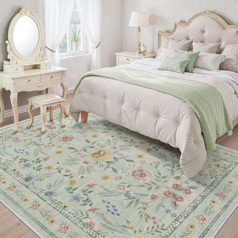 Girls,5x7 Green Floral Rug for Washable Botanical Bedroom Rug for Nursery, Playroom or Kids Room,Soft Non-Slip Carpet