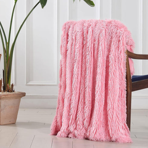 Tuddrom Extra Soft Faux Fur Blanket Queen Size 80" x 90", Solid Reversible Fuzzy Long Hair Shaggy Blanket, Pink