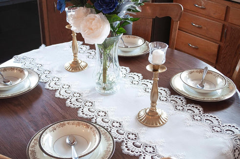 White Jacquard Peacock Tail European Lace Table Runner, Dresser Scarf, Wedding Décor