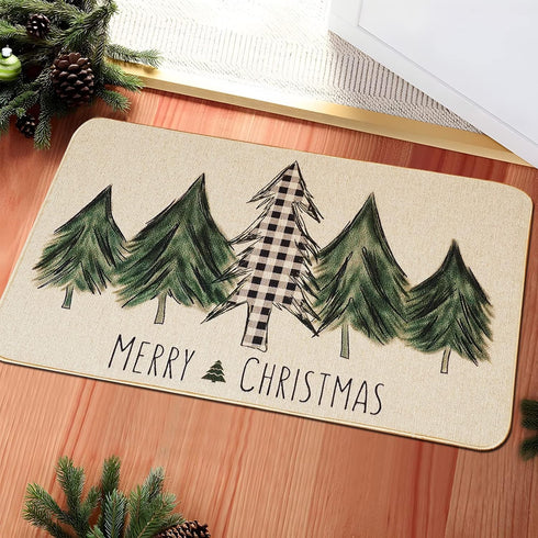 ONWAY Christmas Trees Door Mat, Seasonal Winter Happy Holiday Doormat, Low-Profile Kitchen Rug for Home Decor